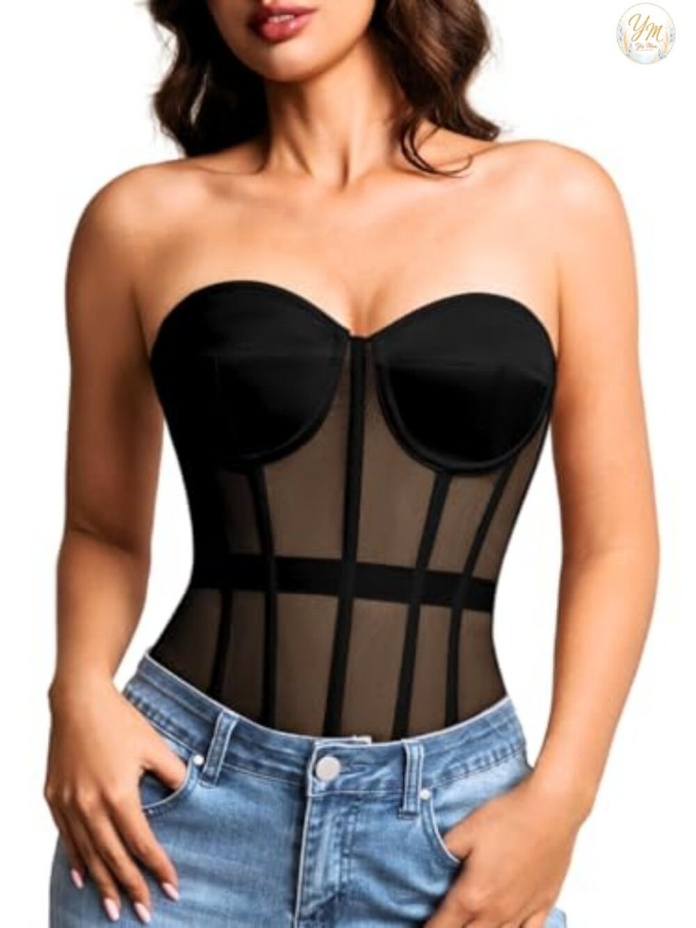 Strapless Mesh Corset Top Padded Lace-Up Bustier